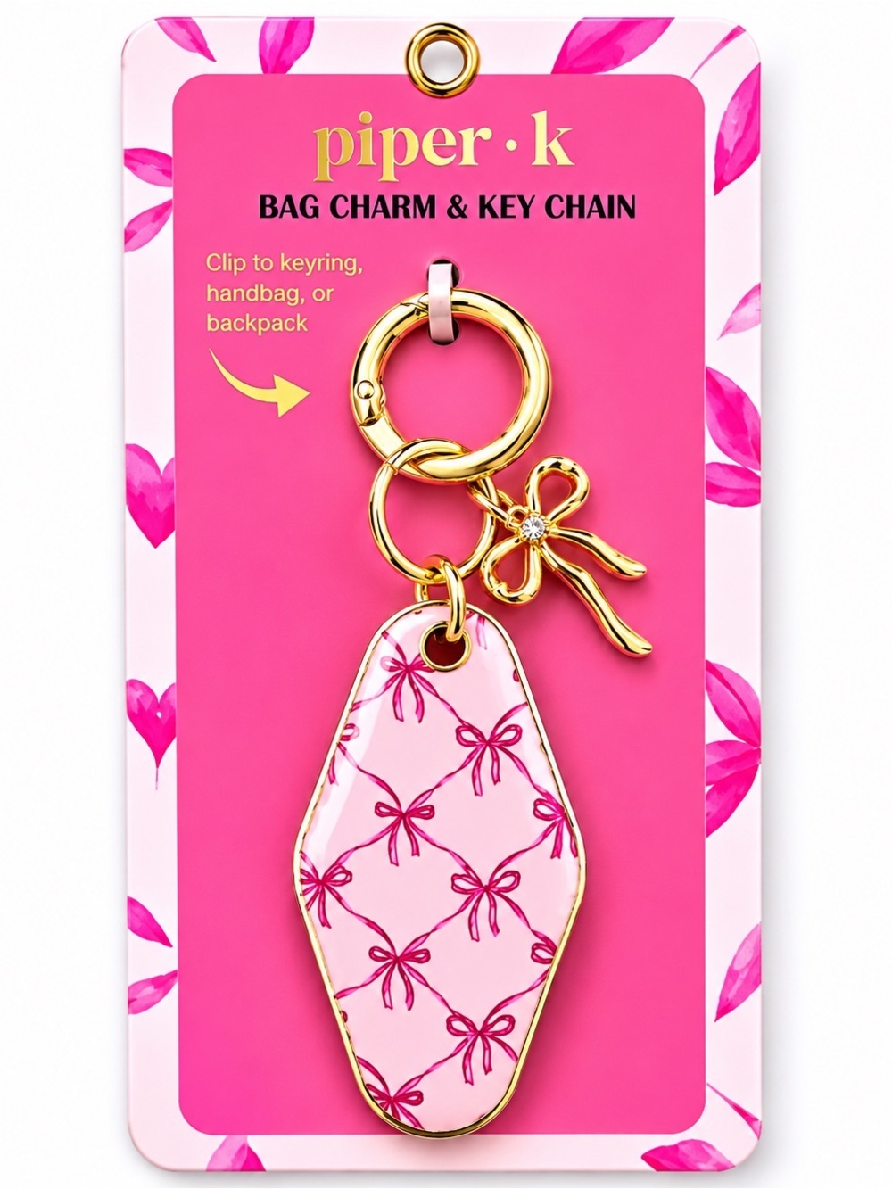 piper•k Pink Bow Pattern Bag Charm & Key Chain